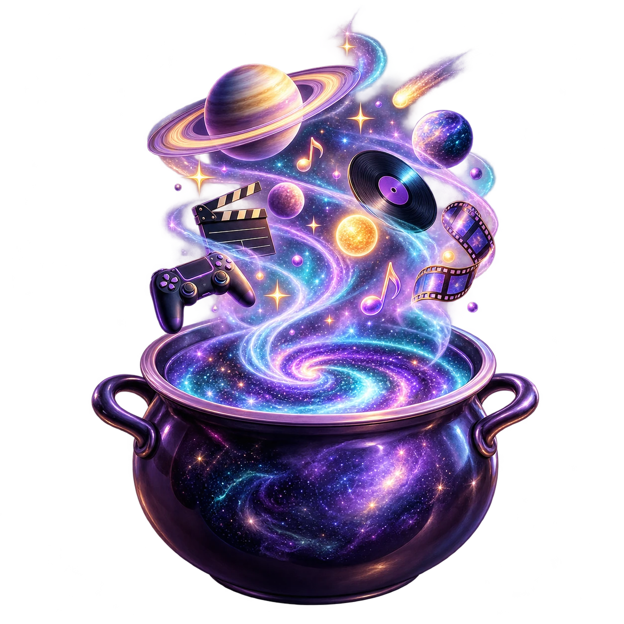 A glowing cosmic cauldron brewing a galaxy, with Saturn, a sun, stars, music notes, vinyl, film, and a game controller swirling above it.